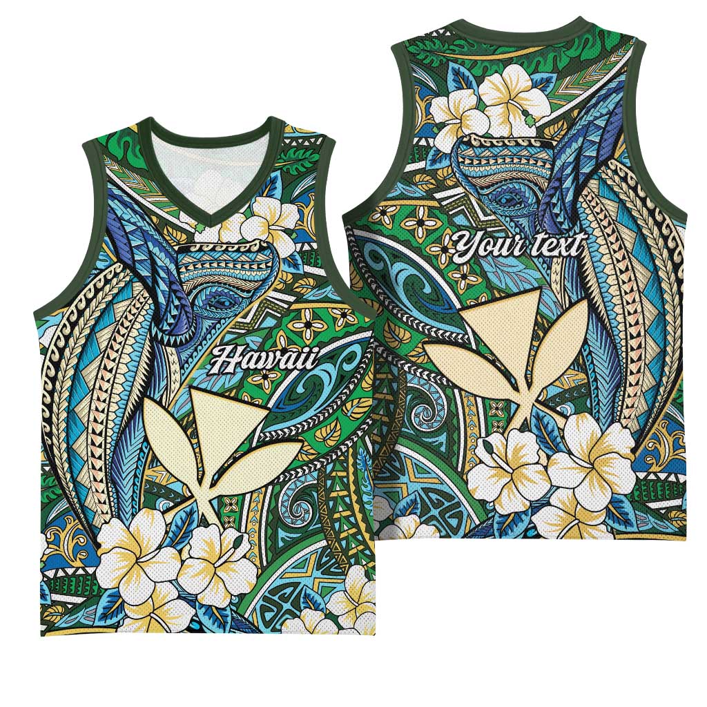 Personalised Hawaii Tribal Humpback Whale Basketball Jersey Omaomao Hibiscus Seamless Pattern