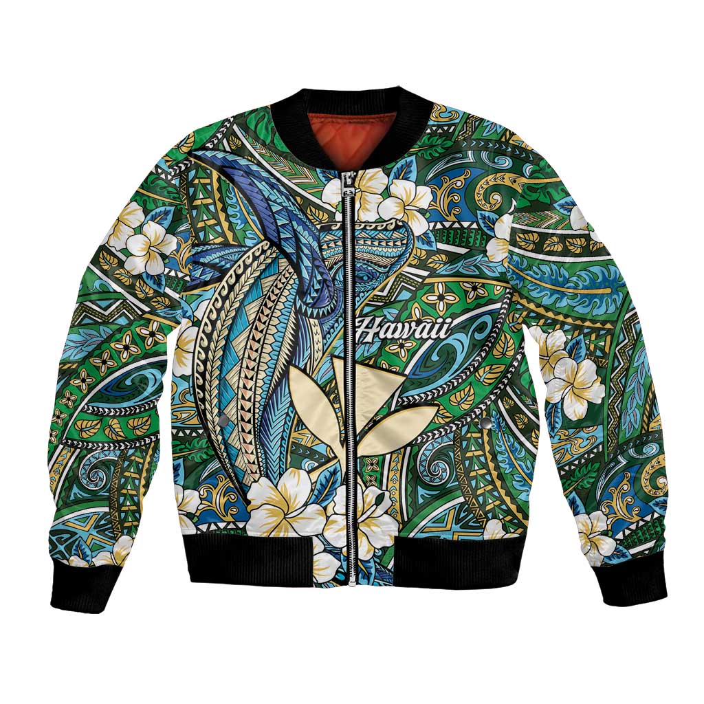 Personalised Hawaii Tribal Humpback Whale Bomber Jacket Omaomao Hibiscus Seamless Pattern