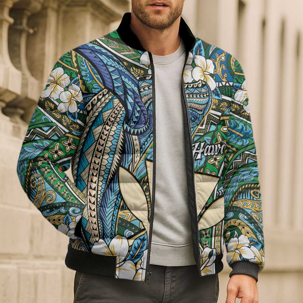Personalised Hawaii Tribal Humpback Whale Bomber Puffer Jacket Omaomao Hibiscus Seamless Pattern
