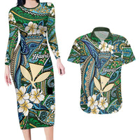 Personalised Hawaii Tribal Humpback Whale Couples Matching Long Sleeve Bodycon Dress and Hawaiian Shirt Omaomao Hibiscus Seamless Pattern LT9 Green - Polynesian Pride