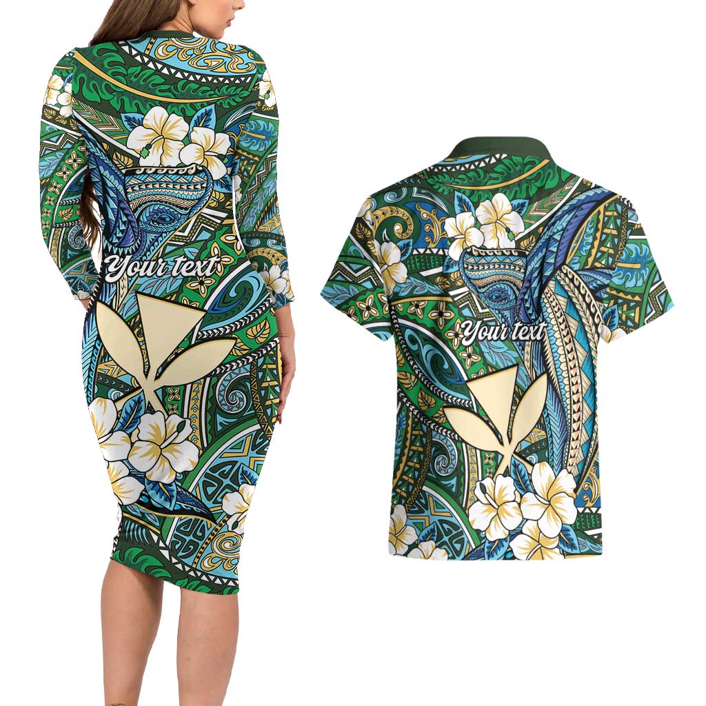 Personalised Hawaii Tribal Humpback Whale Couples Matching Long Sleeve Bodycon Dress and Hawaiian Shirt Omaomao Hibiscus Seamless Pattern LT9 - Polynesian Pride