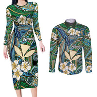 Personalised Hawaii Tribal Humpback Whale Couples Matching Long Sleeve Bodycon Dress and Long Sleeve Button Shirt Omaomao Hibiscus Seamless Pattern LT9 Green - Polynesian Pride