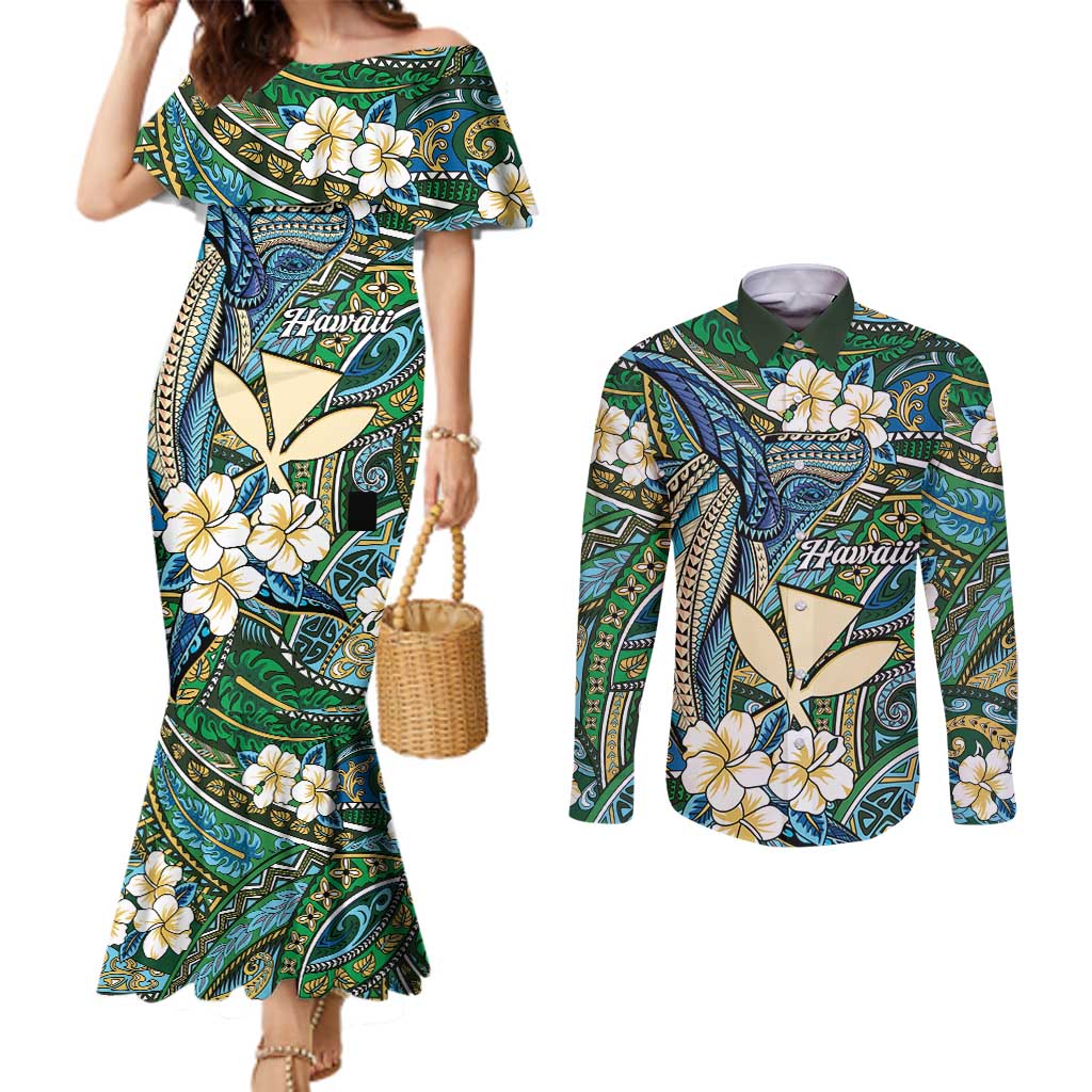 Personalised Hawaii Tribal Humpback Whale Couples Matching Mermaid Dress and Long Sleeve Button Shirt Omaomao Hibiscus Seamless Pattern