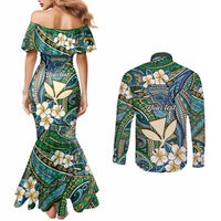 Personalised Hawaii Tribal Humpback Whale Couples Matching Mermaid Dress and Long Sleeve Button Shirt Omaomao Hibiscus Seamless Pattern LT9 - Polynesian Pride