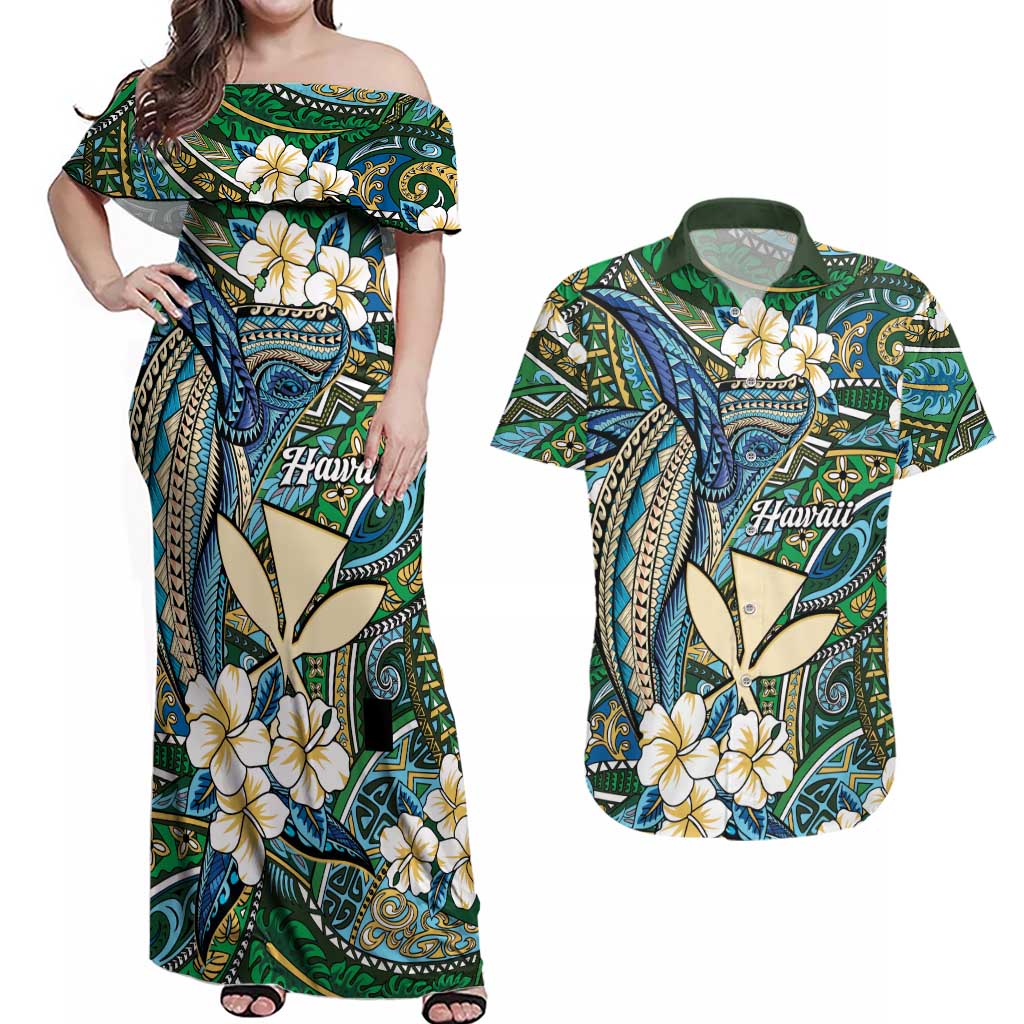 Personalised Hawaii Tribal Humpback Whale Couples Matching Off Shoulder Maxi Dress and Hawaiian Shirt Omaomao Hibiscus Seamless Pattern LT9 Green - Polynesian Pride
