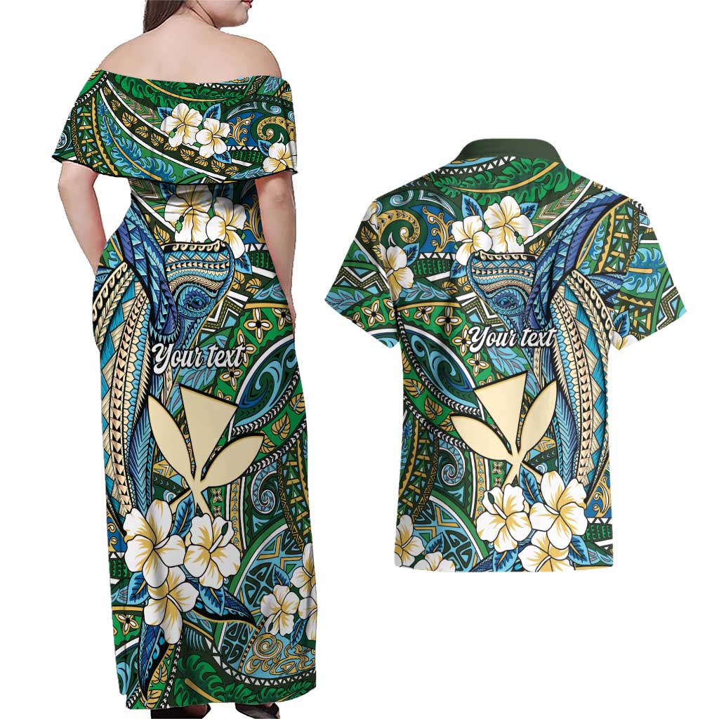 Personalised Hawaii Tribal Humpback Whale Couples Matching Off Shoulder Maxi Dress and Hawaiian Shirt Omaomao Hibiscus Seamless Pattern LT9 - Polynesian Pride