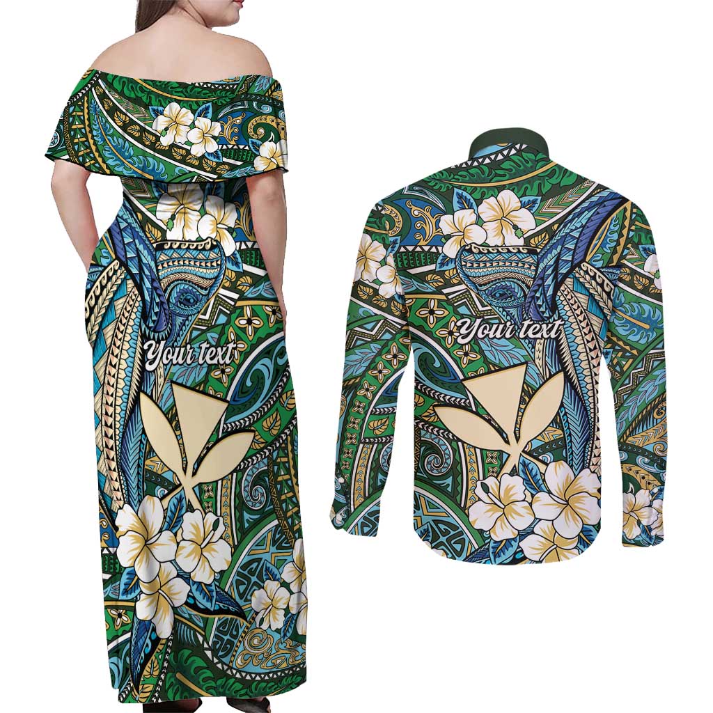 Personalised Hawaii Tribal Humpback Whale Couples Matching Off Shoulder Maxi Dress and Long Sleeve Button Shirt Omaomao Hibiscus Seamless Pattern