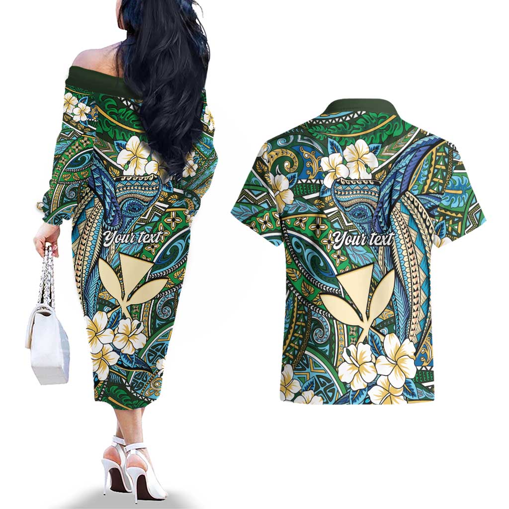 Personalised Hawaii Tribal Humpback Whale Couples Matching Off The Shoulder Long Sleeve Dress and Hawaiian Shirt Omaomao Hibiscus Seamless Pattern LT9 - Polynesian Pride