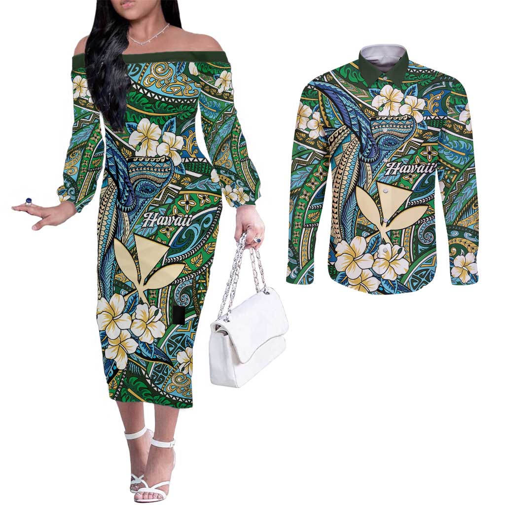 Personalised Hawaii Tribal Humpback Whale Couples Matching Off The Shoulder Long Sleeve Dress and Long Sleeve Button Shirt Omaomao Hibiscus Seamless Pattern LT9 Green - Polynesian Pride