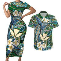Personalised Hawaii Tribal Humpback Whale Couples Matching Short Sleeve Bodycon Dress and Hawaiian Shirt Omaomao Hibiscus Seamless Pattern LT9 Green - Polynesian Pride