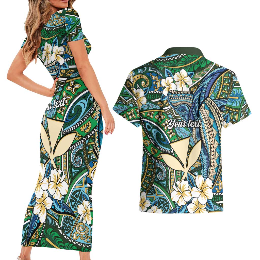Personalised Hawaii Tribal Humpback Whale Couples Matching Short Sleeve Bodycon Dress and Hawaiian Shirt Omaomao Hibiscus Seamless Pattern LT9 - Polynesian Pride