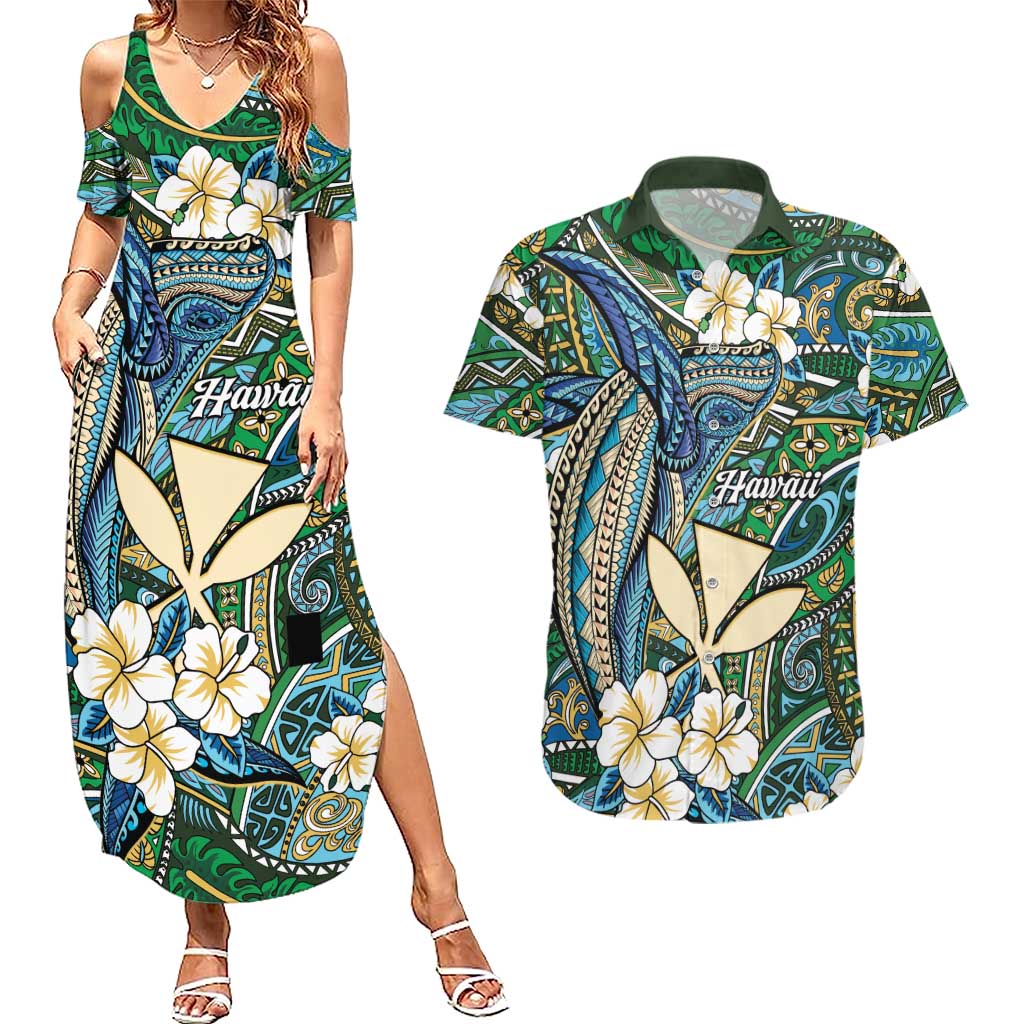 Personalised Hawaii Tribal Humpback Whale Couples Matching Summer Maxi Dress and Hawaiian Shirt Omaomao Hibiscus Seamless Pattern LT9 Green - Polynesian Pride