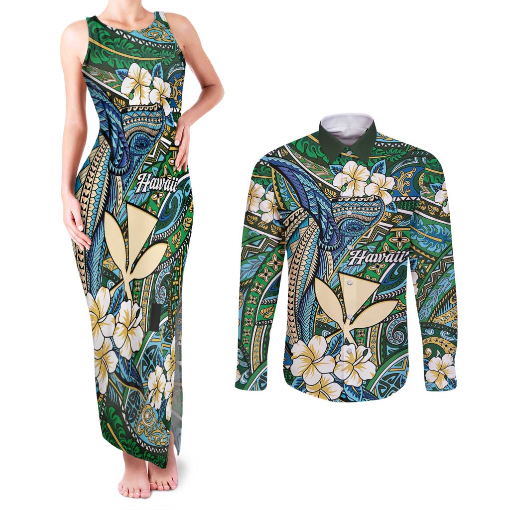Personalised Hawaii Tribal Humpback Whale Couples Matching Tank Maxi Dress and Long Sleeve Button Shirt Omaomao Hibiscus Seamless Pattern LT9 Green - Polynesian Pride