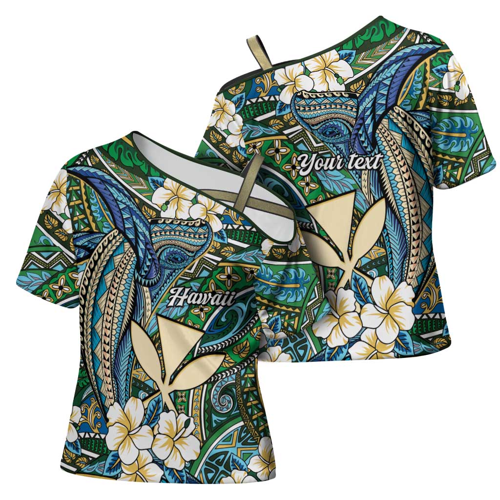 Personalised Hawaii Tribal Humpback Whale Cross Shoulder Shirt Omaomao Hibiscus Seamless Pattern