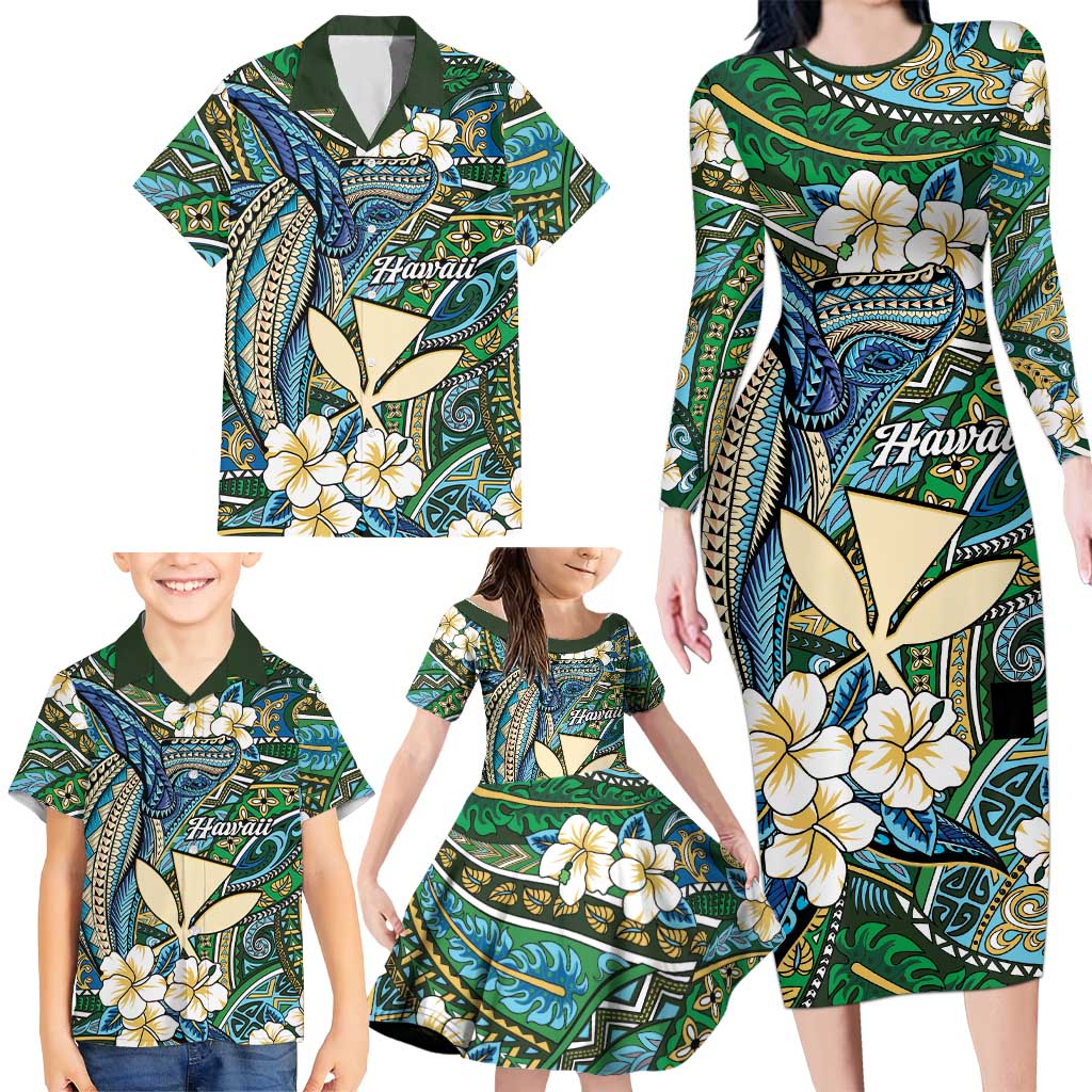 Personalised Hawaii Tribal Humpback Whale Family Matching Long Sleeve Bodycon Dress and Hawaiian Shirt Omaomao Hibiscus Seamless Pattern