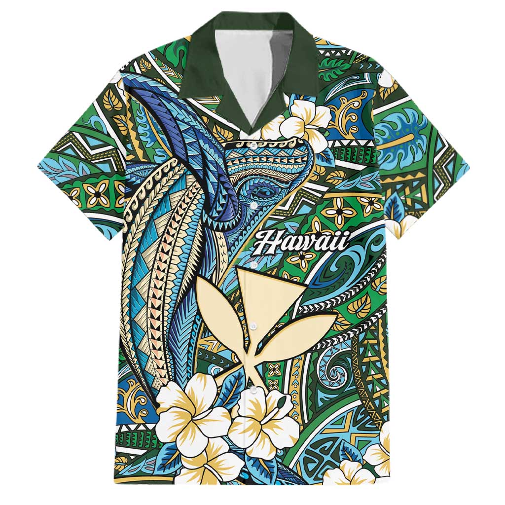 Personalised Hawaii Tribal Humpback Whale Family Matching Long Sleeve Bodycon Dress and Hawaiian Shirt Omaomao Hibiscus Seamless Pattern LT9 Dad's Shirt - Short Sleeve Green - Polynesian Pride