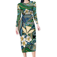 Personalised Hawaii Tribal Humpback Whale Family Matching Long Sleeve Bodycon Dress and Hawaiian Shirt Omaomao Hibiscus Seamless Pattern LT9 Mom's Dress Green - Polynesian Pride