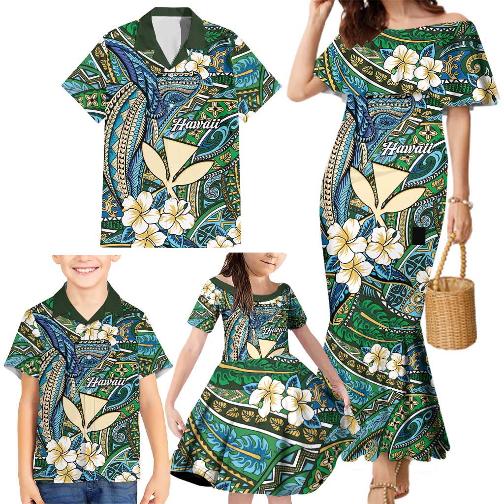 Personalised Hawaii Tribal Humpback Whale Family Matching Mermaid Dress and Hawaiian Shirt Omaomao Hibiscus Seamless Pattern