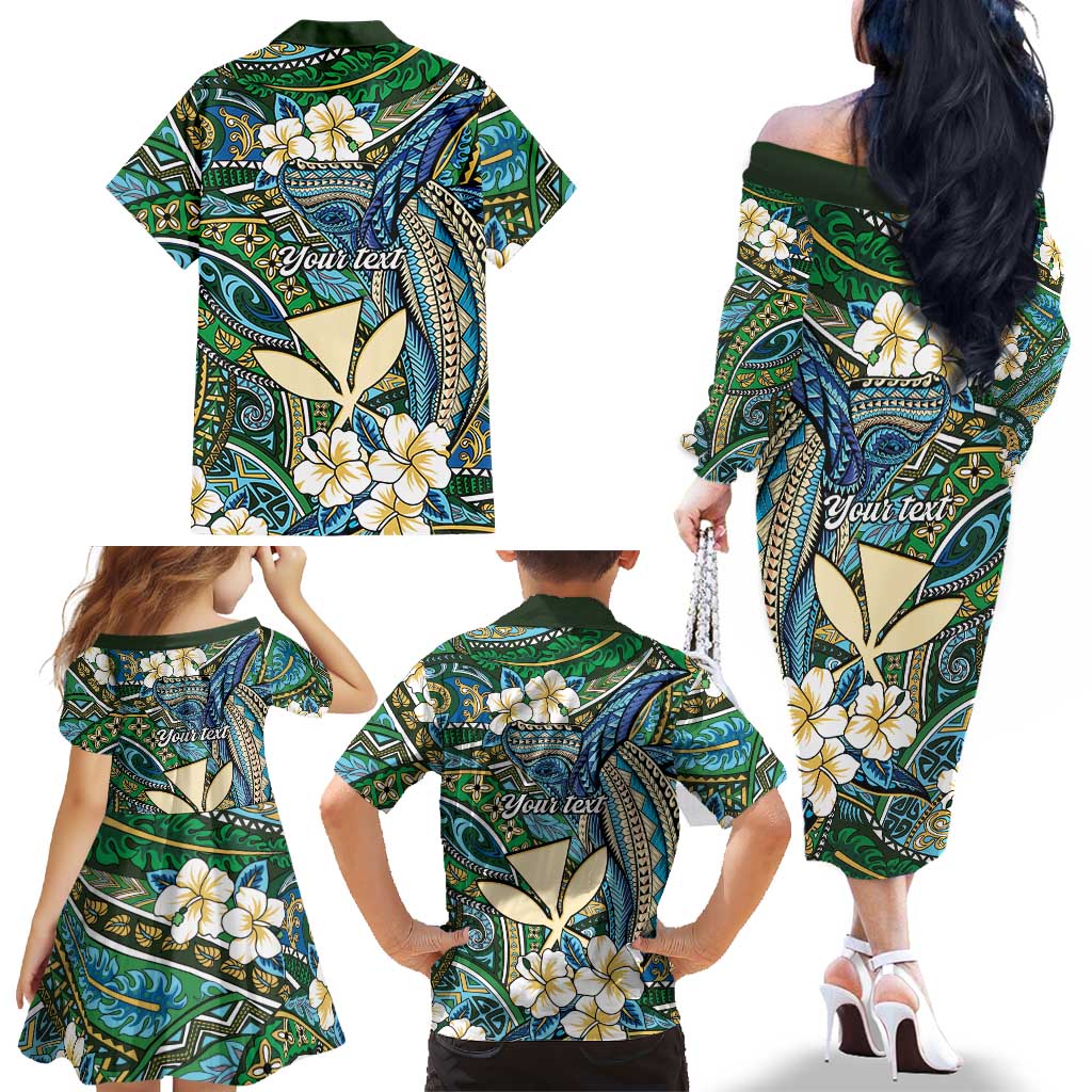 Personalised Hawaii Tribal Humpback Whale Family Matching Off The Shoulder Long Sleeve Dress and Hawaiian Shirt Omaomao Hibiscus Seamless Pattern LT9 - Polynesian Pride