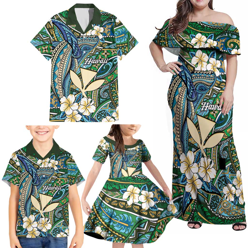 Personalised Hawaii Tribal Humpback Whale Family Matching Off Shoulder Maxi Dress and Hawaiian Shirt Omaomao Hibiscus Seamless Pattern