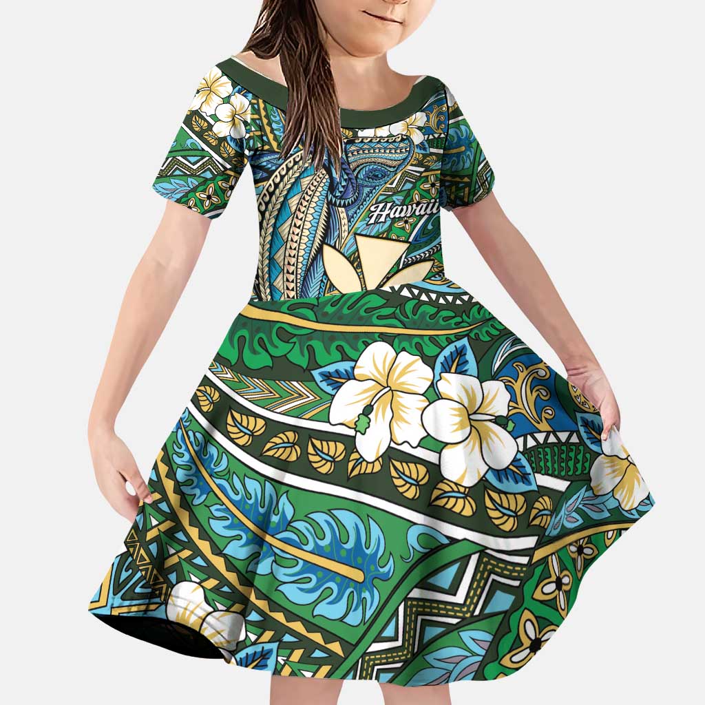 Personalised Hawaii Tribal Humpback Whale Family Matching Off Shoulder Short Dress and Hawaiian Shirt Omaomao Hibiscus Seamless Pattern LT9 Daughter's Dress Green - Polynesian Pride