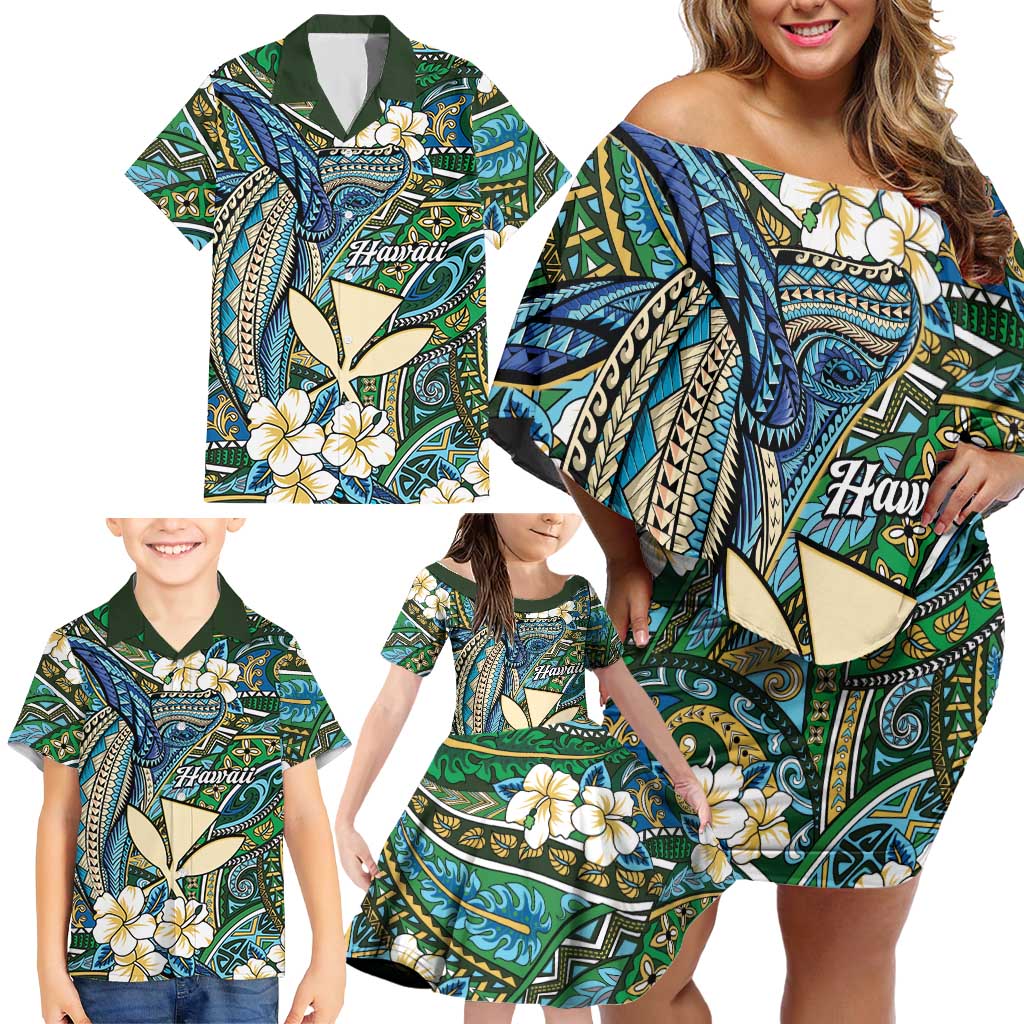 Personalised Hawaii Tribal Humpback Whale Family Matching Off Shoulder Short Dress and Hawaiian Shirt Omaomao Hibiscus Seamless Pattern LT9 - Polynesian Pride