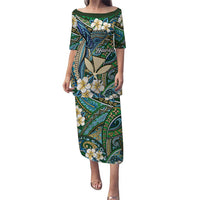 Personalised Hawaii Tribal Humpback Whale Family Matching Puletasi and Hawaiian Shirt Omaomao Hibiscus Seamless Pattern LT9 Mom's Dress Green - Polynesian Pride