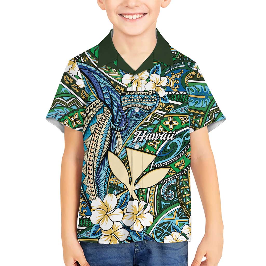 Personalised Hawaii Tribal Humpback Whale Family Matching Puletasi and Hawaiian Shirt Omaomao Hibiscus Seamless Pattern LT9 Son's Shirt Green - Polynesian Pride