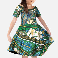 Personalised Hawaii Tribal Humpback Whale Family Matching Short Sleeve Bodycon Dress and Hawaiian Shirt Omaomao Hibiscus Seamless Pattern LT9 Daughter's Dress Green - Polynesian Pride