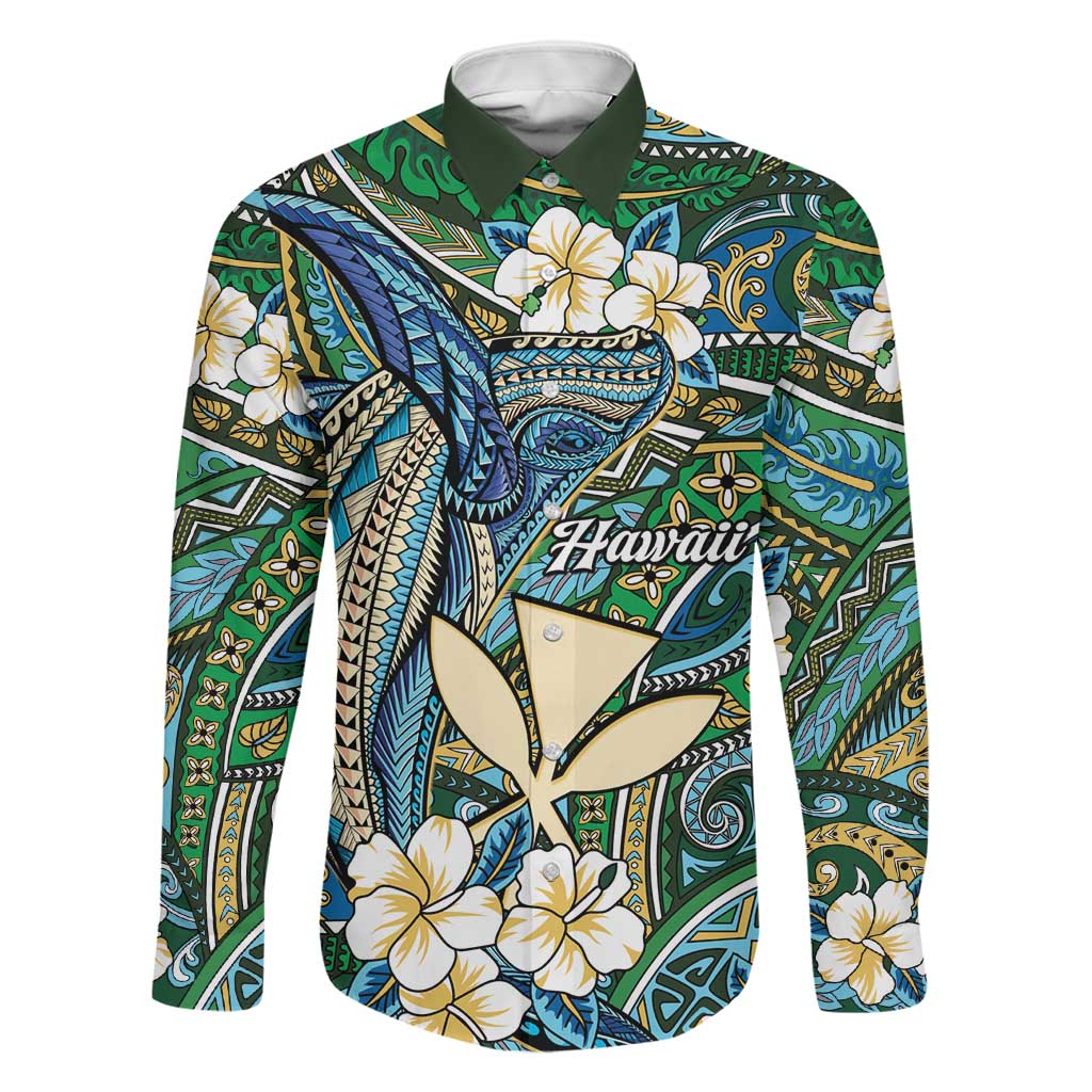 Personalised Hawaii Tribal Humpback Whale Family Matching Summer Maxi Dress and Hawaiian Shirt Omaomao Hibiscus Seamless Pattern LT9 Dad's Shirt - Long Sleeve Green - Polynesian Pride
