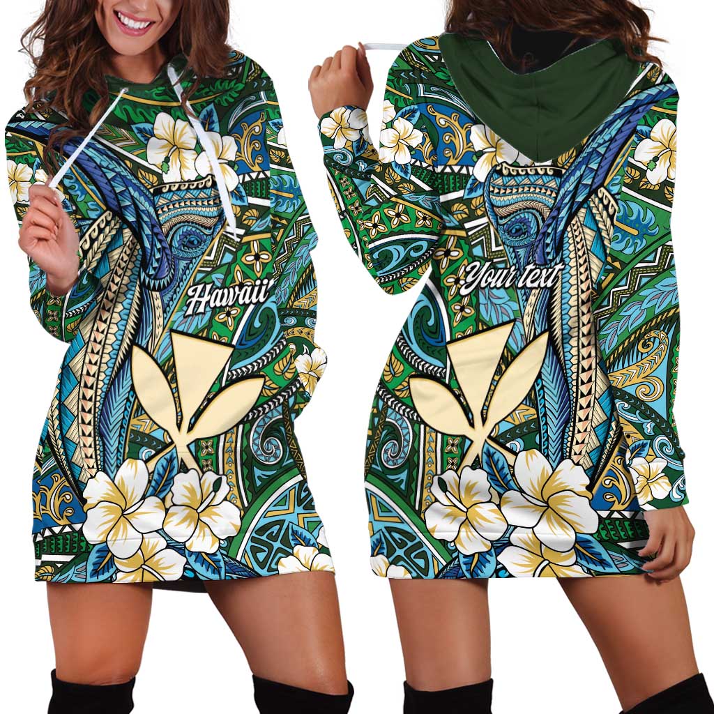 Personalised Hawaii Tribal Humpback Whale Hoodie Dress Omaomao Hibiscus Seamless Pattern