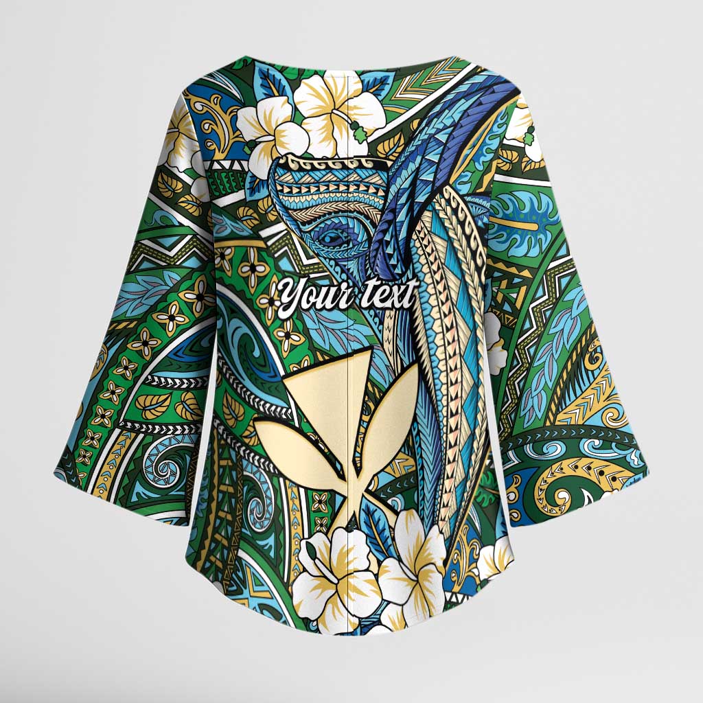 Personalised Hawaii Tribal Humpback Whale Kimono Sleeve Blouse Omaomao Hibiscus Seamless Pattern