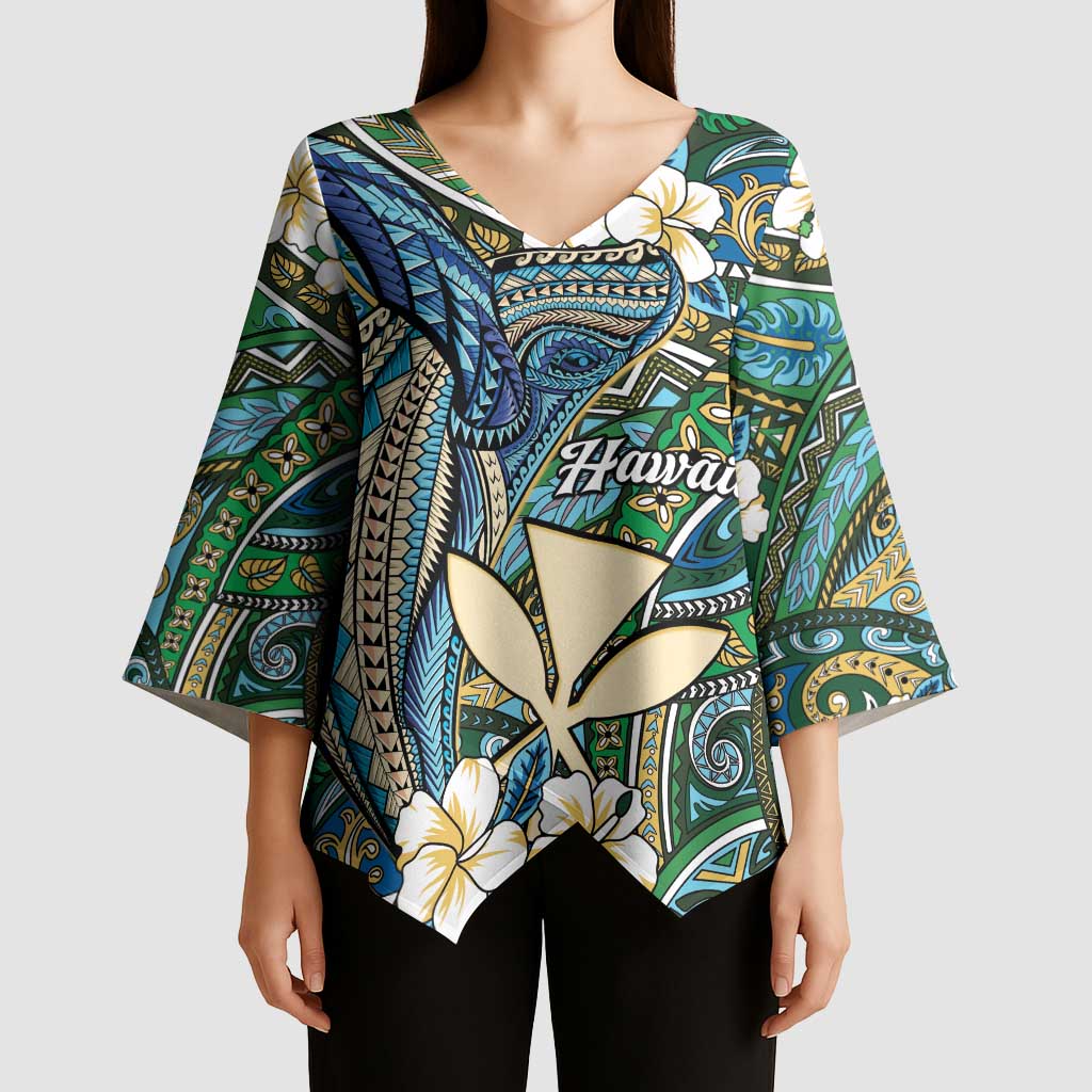Personalised Hawaii Tribal Humpback Whale Kimono Sleeve Blouse Omaomao Hibiscus Seamless Pattern