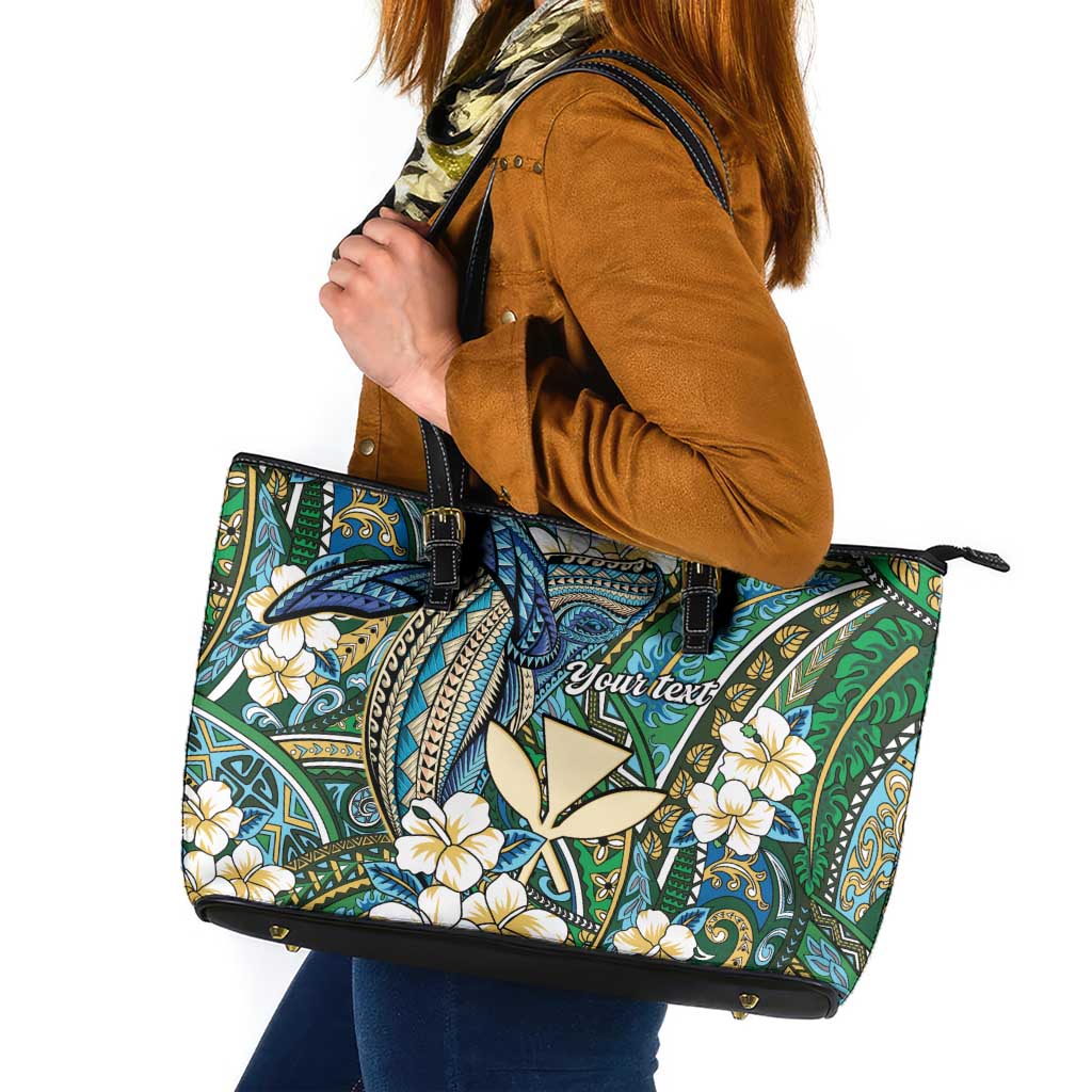 Personalised Hawaii Tribal Humpback Whale Leather Tote Bag Omaomao Hibiscus Seamless Pattern