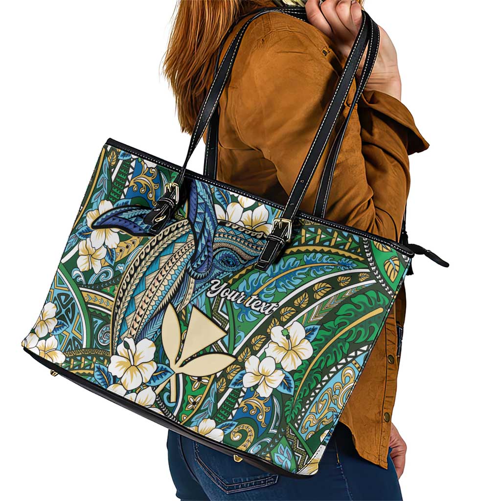 Personalised Hawaii Tribal Humpback Whale Leather Tote Bag Omaomao Hibiscus Seamless Pattern