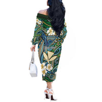 Personalised Hawaii Tribal Humpback Whale Off The Shoulder Long Sleeve Dress Omaomao Hibiscus Seamless Pattern