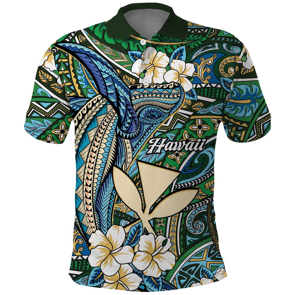 Personalised Hawaii Tribal Humpback Whale Polo Shirt Omaomao Hibiscus Seamless Pattern LT9 Green - Polynesian Pride
