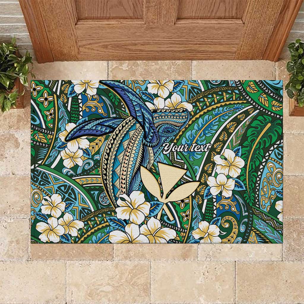 Personalised Hawaii Tribal Humpback Whale Rubber Doormat Omaomao Hibiscus Seamless Pattern