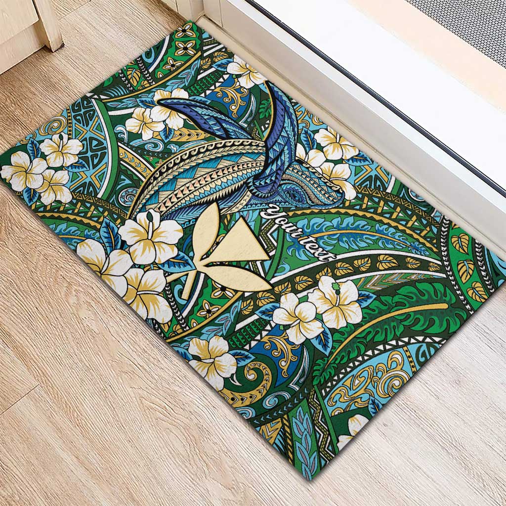Personalised Hawaii Tribal Humpback Whale Rubber Doormat Omaomao Hibiscus Seamless Pattern