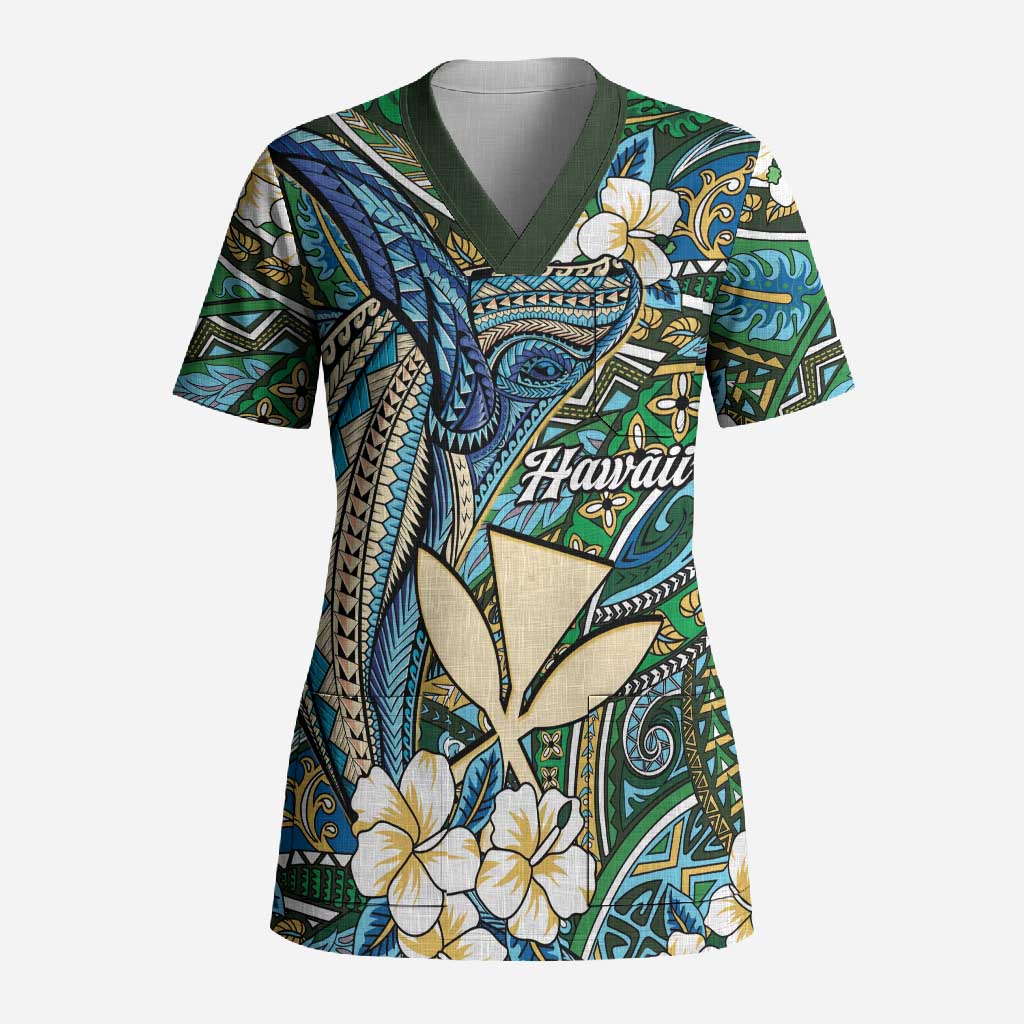 Personalised Hawaii Tribal Humpback Whale Scrub Top Omaomao Hibiscus Seamless Pattern