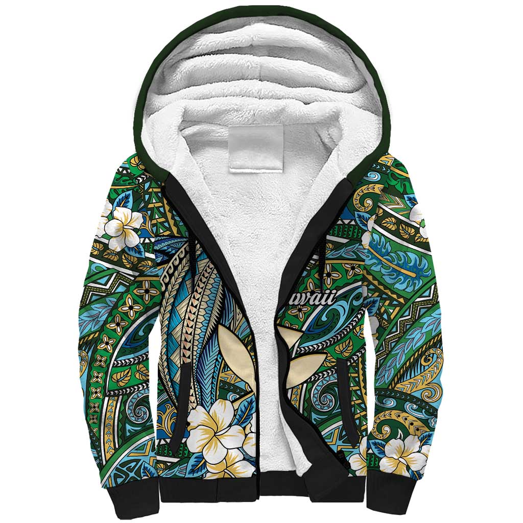 Personalised Hawaii Tribal Humpback Whale Sherpa Hoodie Omaomao Hibiscus Seamless Pattern