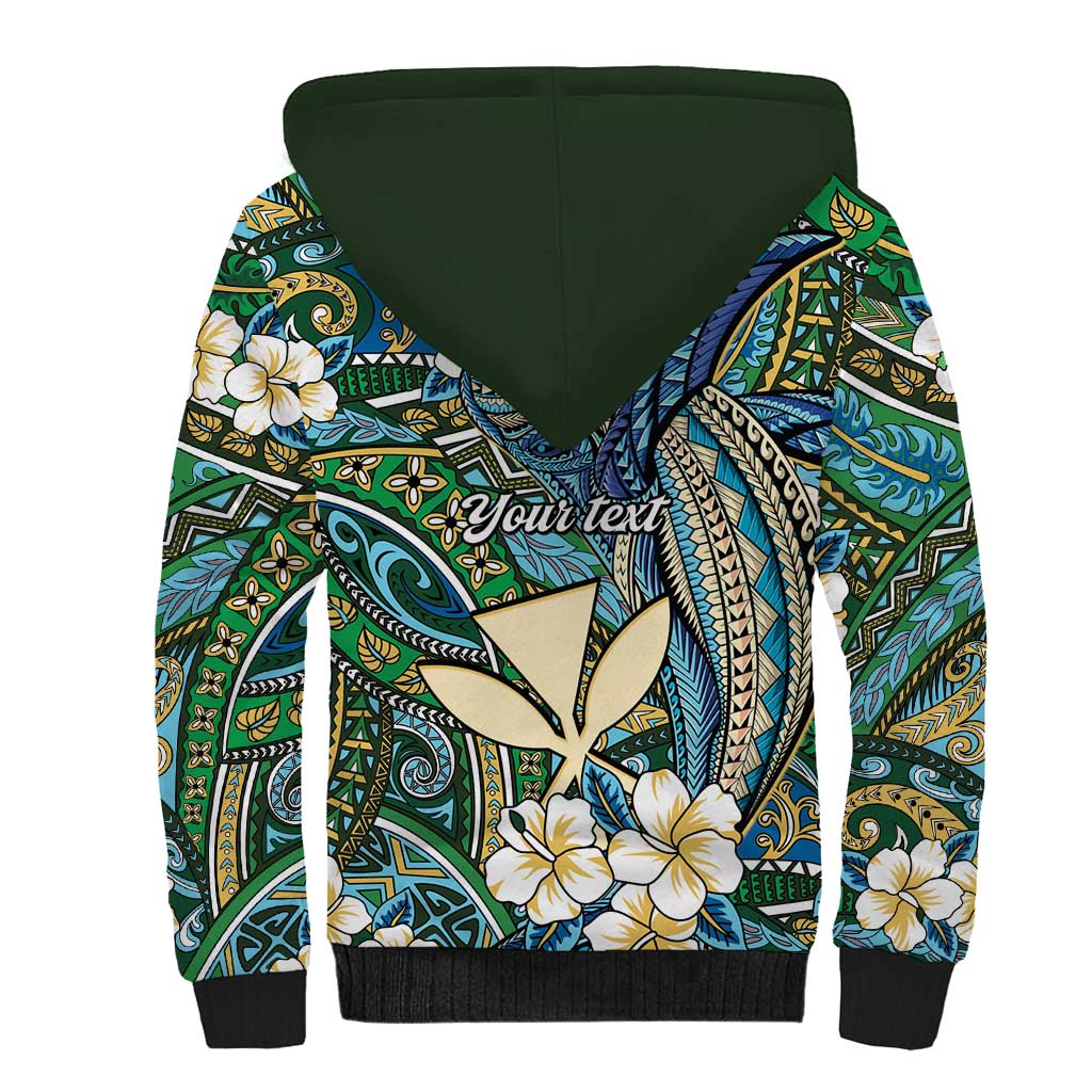 Personalised Hawaii Tribal Humpback Whale Sherpa Hoodie Omaomao Hibiscus Seamless Pattern