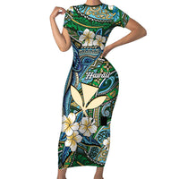 Personalised Hawaii Tribal Humpback Whale Short Sleeve Bodycon Dress Omaomao Hibiscus Seamless Pattern LT9 Long Dress Green - Polynesian Pride