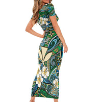 Personalised Hawaii Tribal Humpback Whale Short Sleeve Bodycon Dress Omaomao Hibiscus Seamless Pattern LT9 - Polynesian Pride