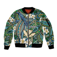 Personalised Hawaii Tribal Humpback Whale Sleeve Zip Bomber Jacket Omaomao Hibiscus Seamless Pattern
