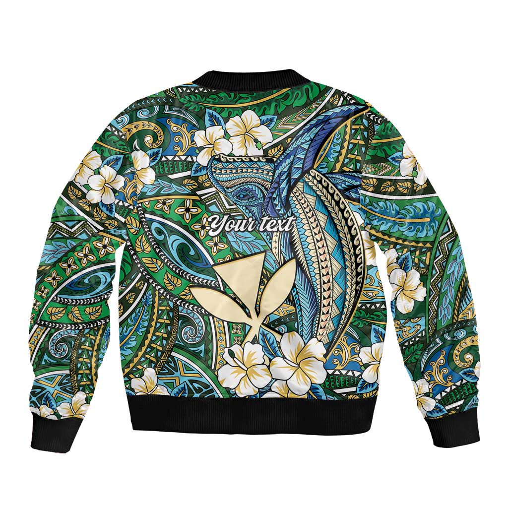 Personalised Hawaii Tribal Humpback Whale Sleeve Zip Bomber Jacket Omaomao Hibiscus Seamless Pattern