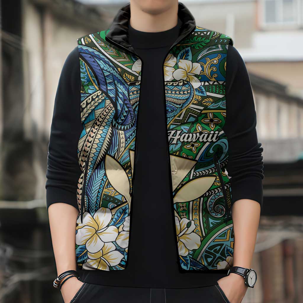 Personalised Hawaii Tribal Humpback Whale Sleeveless Puffer Jacket Omaomao Hibiscus Seamless Pattern