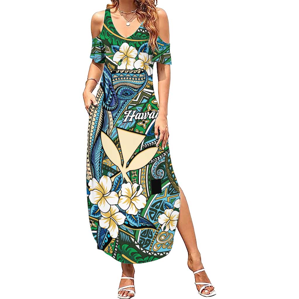 Personalised Hawaii Tribal Humpback Whale Summer Maxi Dress Omaomao Hibiscus Seamless Pattern
