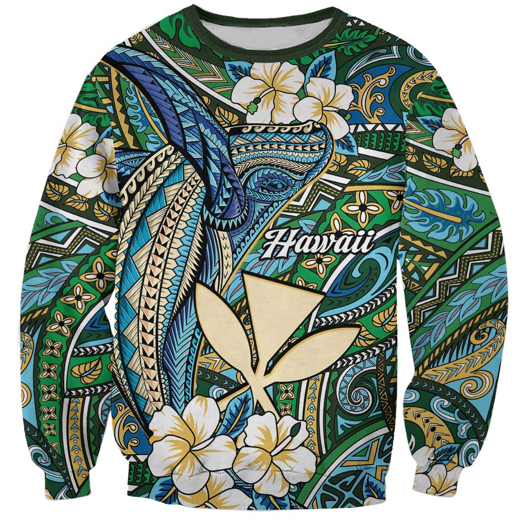 Personalised Hawaii Tribal Humpback Whale Sweatshirt Omaomao Hibiscus Seamless Pattern