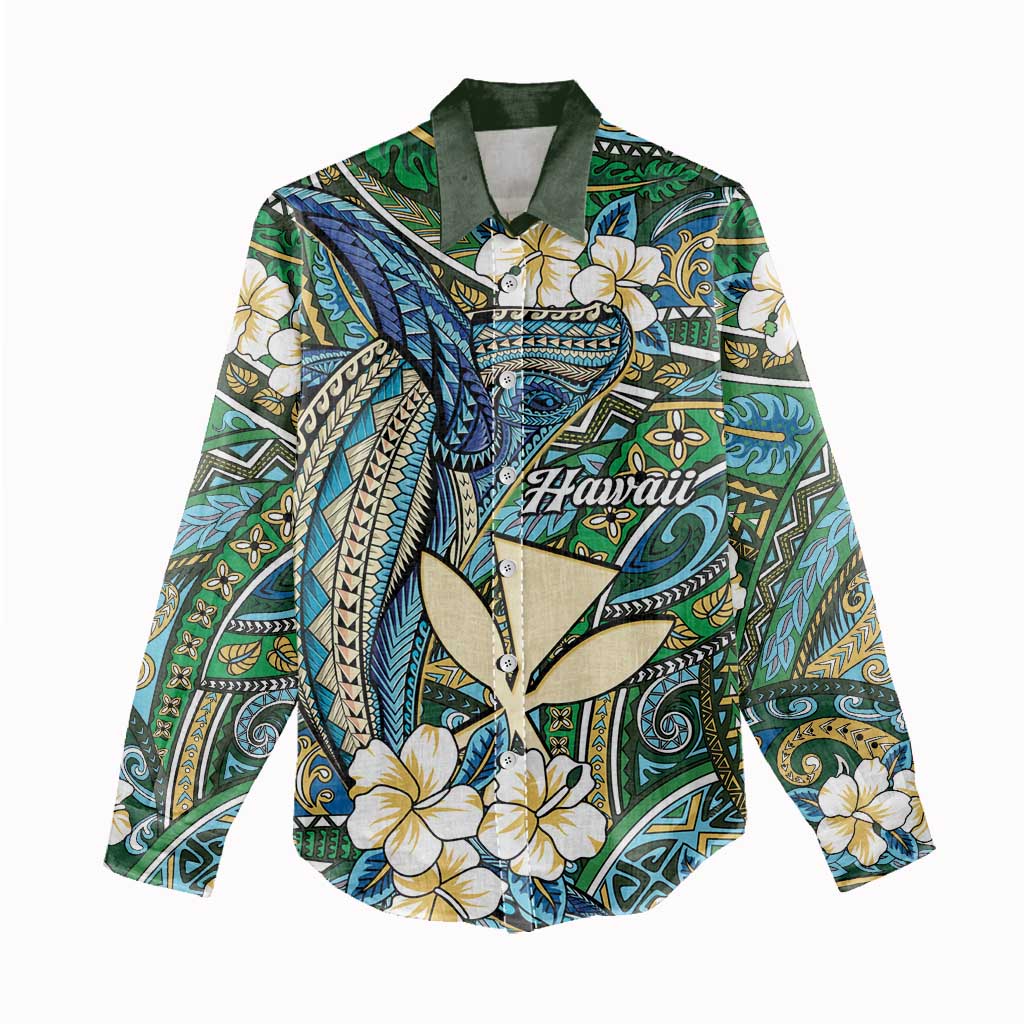 Personalised Hawaii Tribal Humpback Whale Women Casual Shirt Omaomao Hibiscus Seamless Pattern